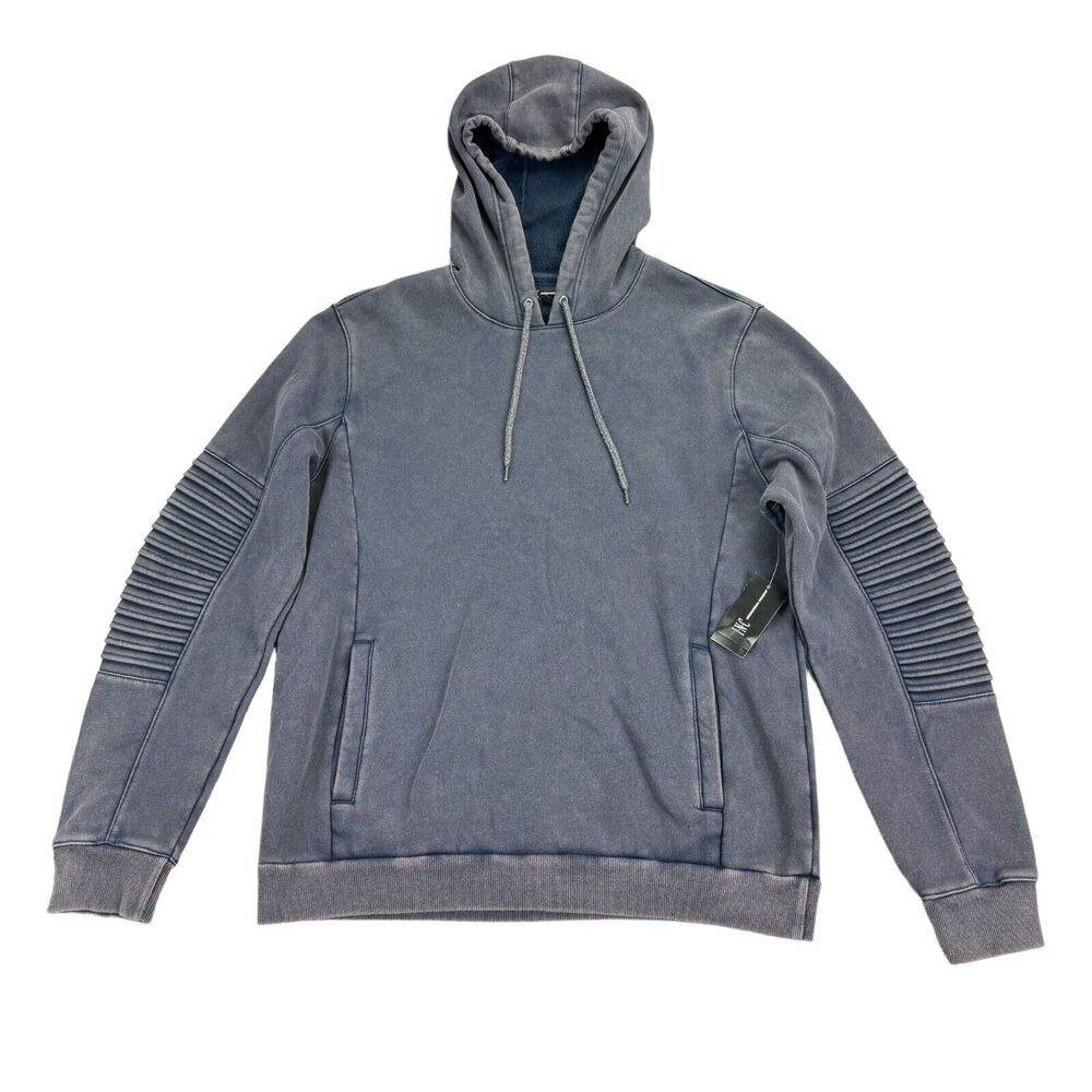 INC Mens Solid Fleece Moto Hoodie Navy Blue Gray M
